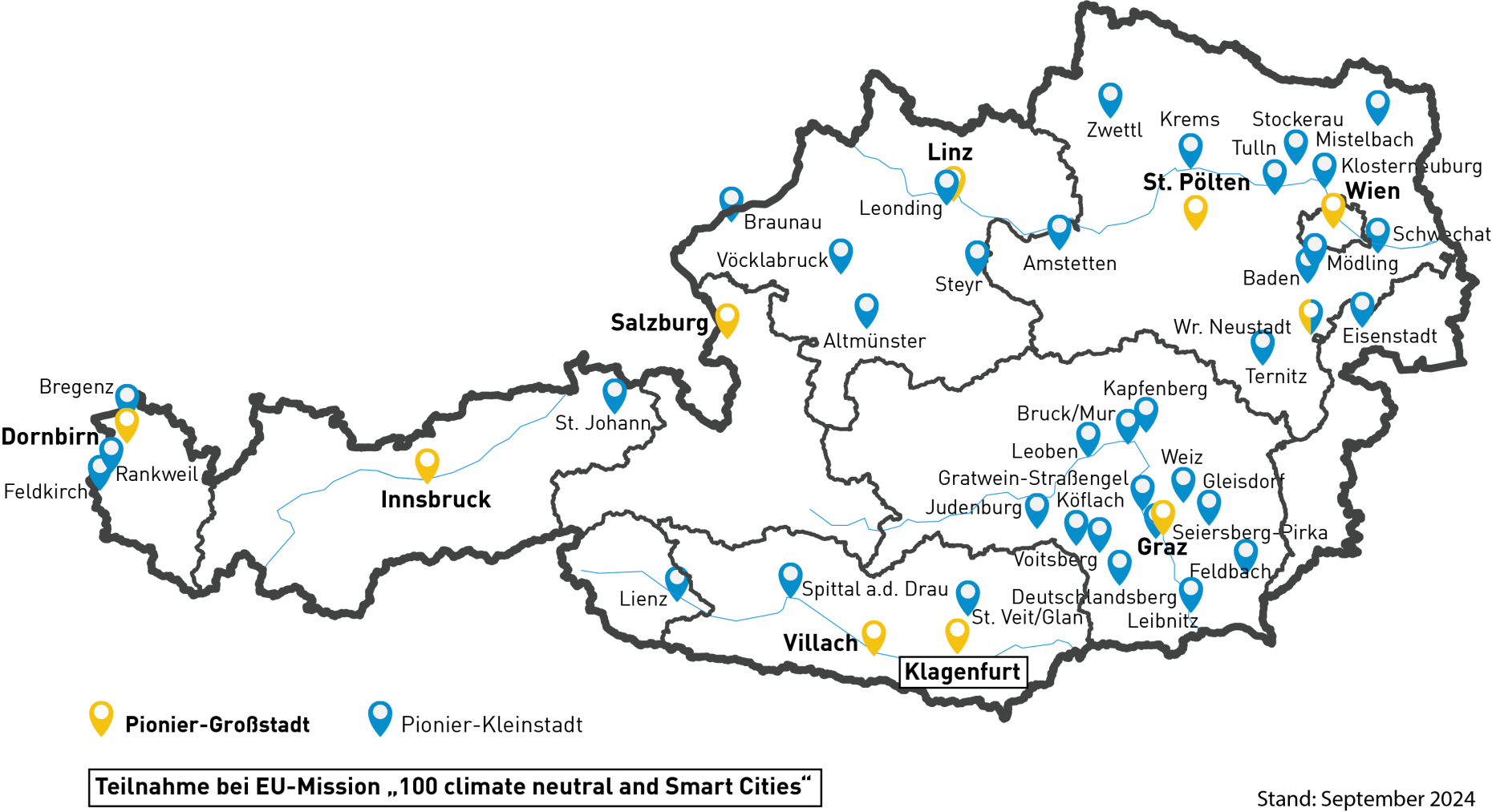 Österreichkarte in der die Pionier-Großstädte und Pionier-Klein- und Mittelstädte  angezeigt werden.