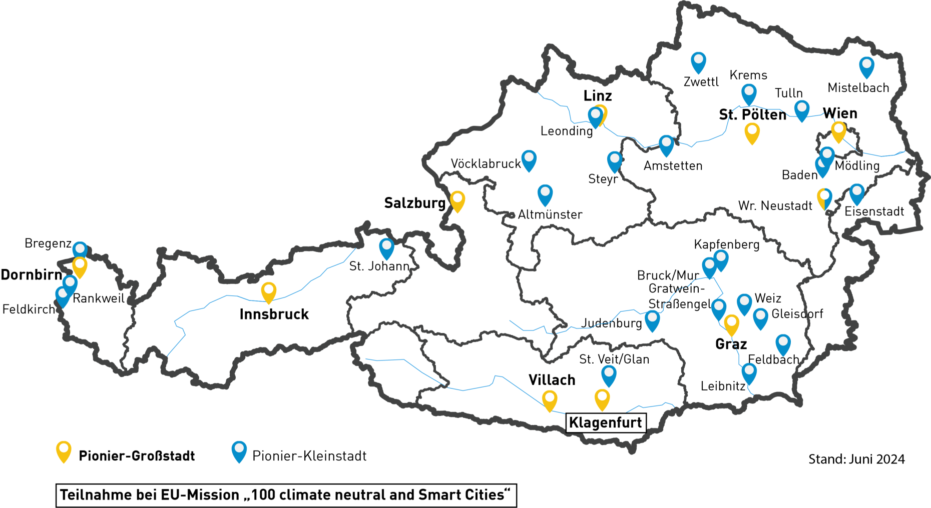 Österreichkarte mit den Pionier-Groß- und -Kleinstädten