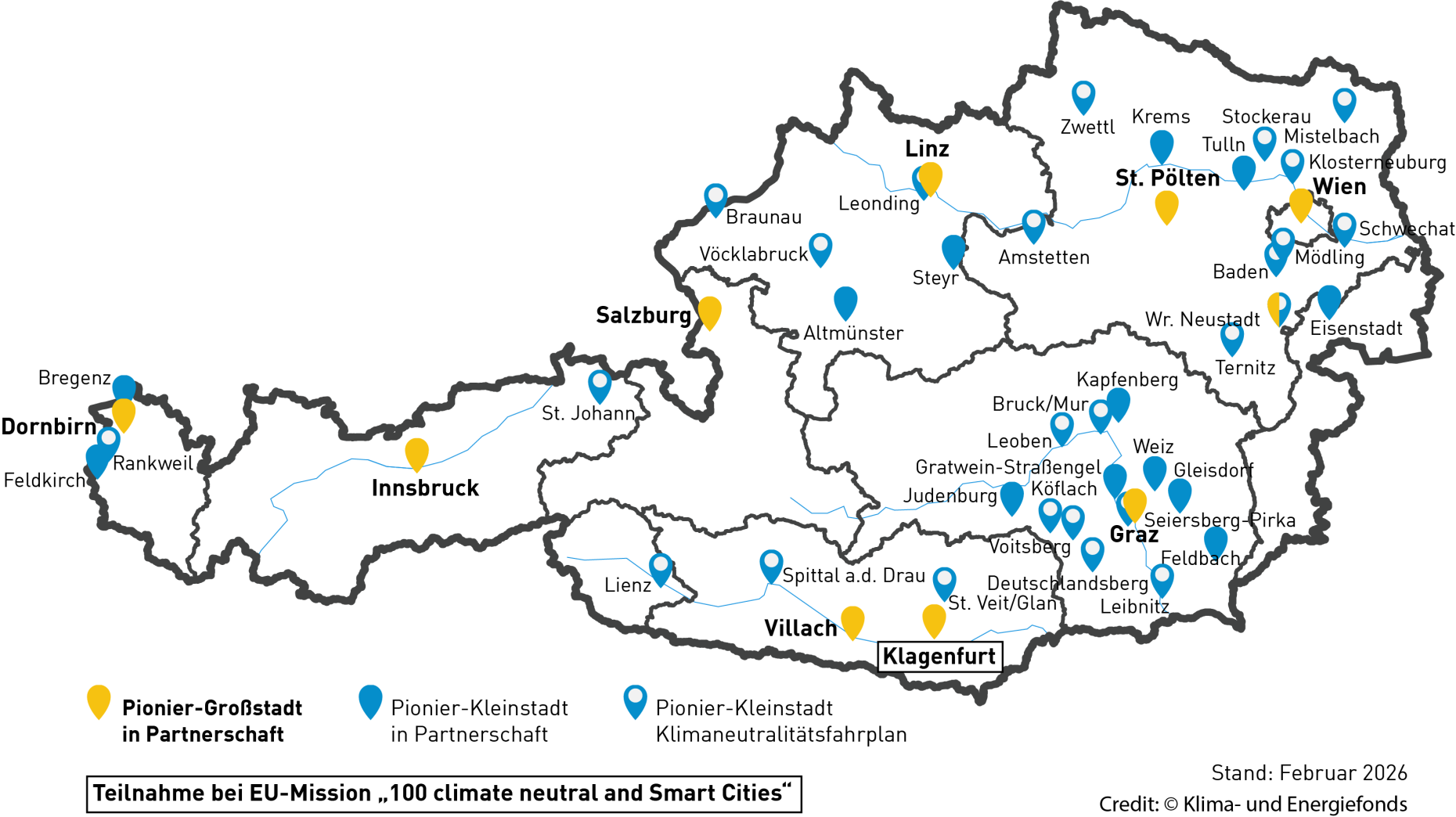 Österreichkarte in der die Pionier-Großstädte und Pionier-Klein- und Mittelstädte  angezeigt werden.