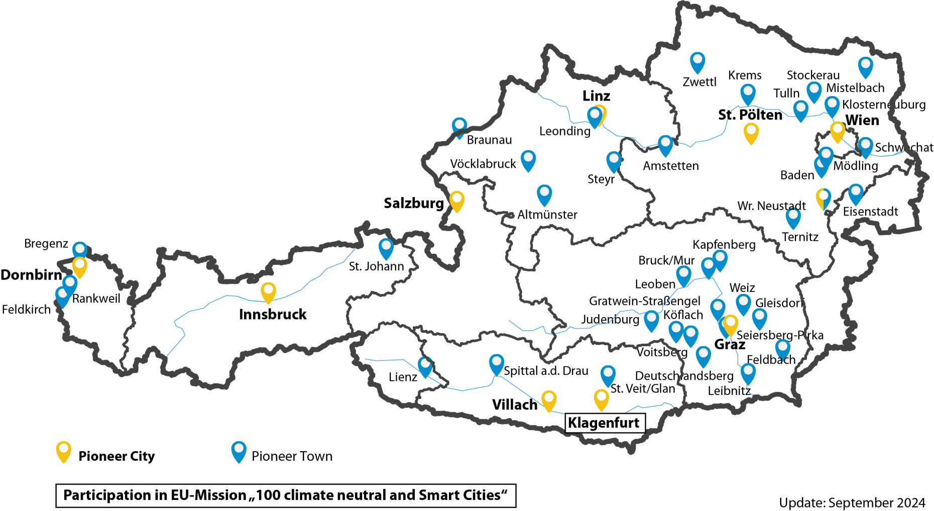 Map of Austria that shows the pioneer cites and towns.