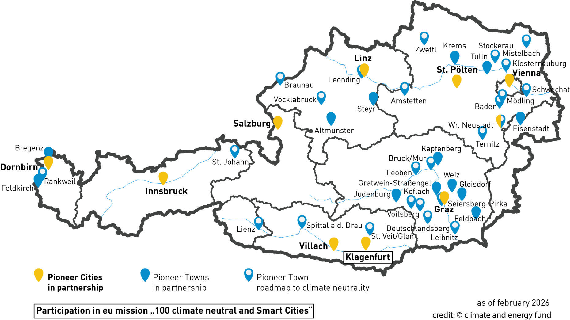 Map of Austria that shows the pioneer cites and towns.