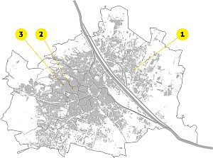 Wienkarte auf denen die drei Demoprojekte plaziert sind.