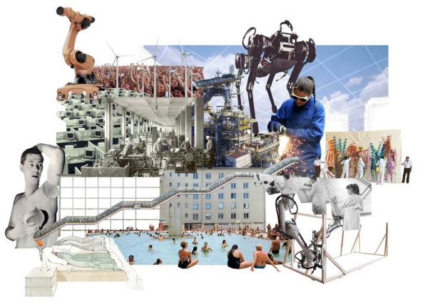 Die Collage kombiniert historische und moderne Darstellungen von Arbeit, Technik und Freizeitgestaltung: Industrieroboter, Windkraftanlagen, Menschenmenge bei einem Konzert, alte Fabrikhallen mit Maschinenarbeitern, moderne Industrieanlagen, ein schweißender Arbeiter mit Schutzbrille, ein roboterähnlicher Laufapparat, ein Schwimmbad mit vielen Menschen im Wasser, Förderbänder, sowie kreative Aktivitäten wie Malen und Modellbau.