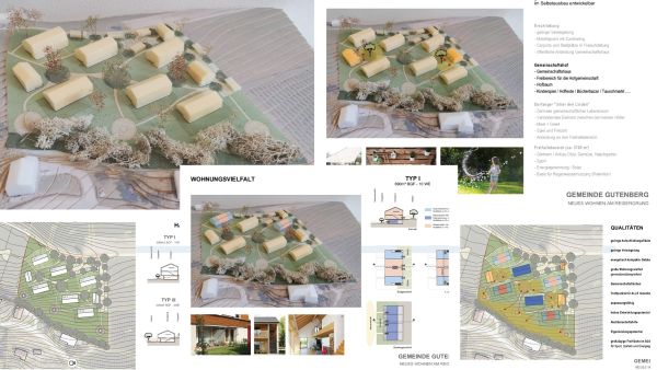 Visualisierung des Wohnprojekts mit Architekturmodell und Lageplänen für ein gemeinschaftliches, ökologisches Quartier in der Gemeinde Gutenberg