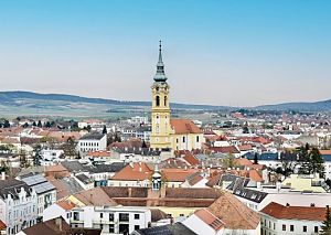 Vogelperspektive Stockerau, mittig steht eine gelbe Kirche rundherum Häuser.
