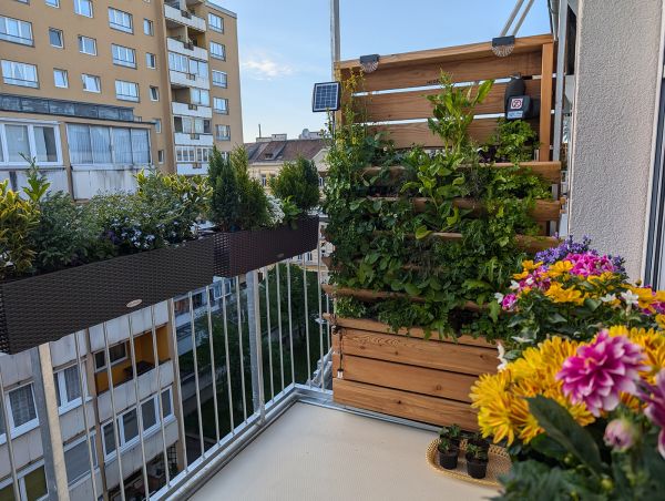 Balkon von innen, mit begrüntem, vertikalem Blumenkasten.