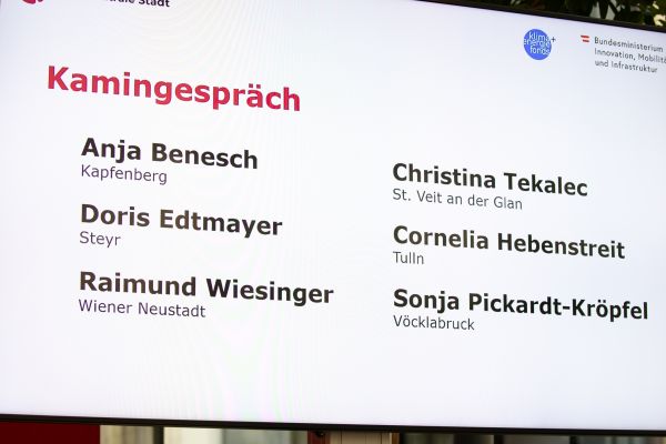 Präsentationsleinwand mit den Namen der Personen auf dem Podium