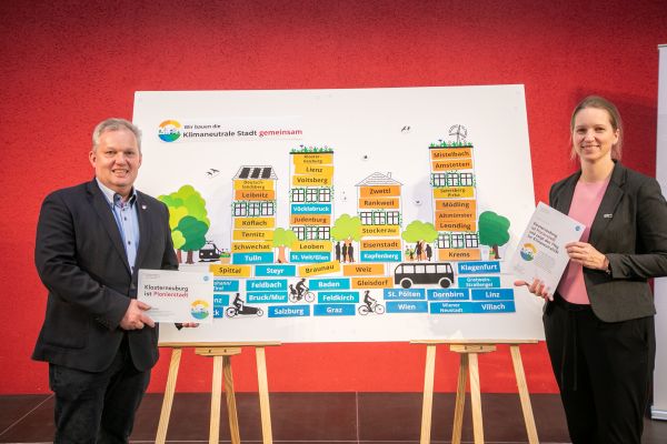 Vertreter:innen der Städte mit einem Plakat