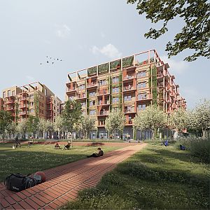 Moderne mehrgeschossige Wohnanlage mit begrünten Fassaden und Balkonen, umgeben von einem Park mit Bäumen, Wegen und Menschen, die sich im Freien aufhalten.