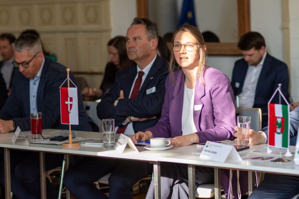 Personen sitzen um einen Tisch und sprechen miteinander