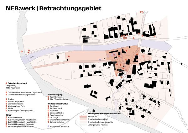 Lageplan des Untersuchungsgebiets mit markiertem Ortskern und Infrastrukturpunkten.