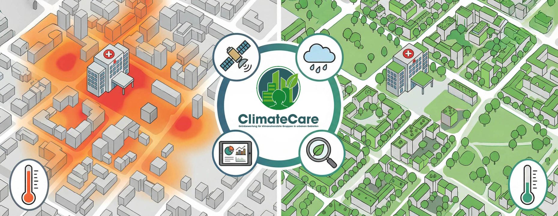Grafik eines Stadtquartiers im Vergleich: Hitzeinsel links, klimaangepasste, begrünte Umgebung rechts mit ClimateCare-Konzept.