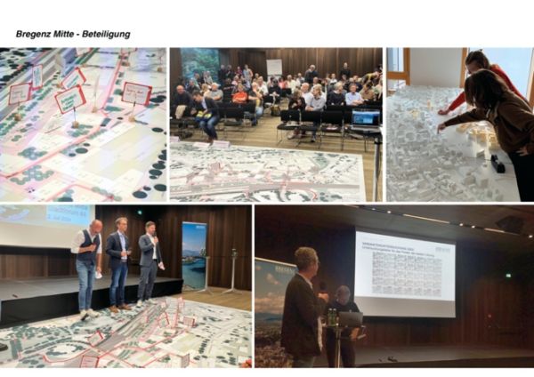 Gezeigt werden mehrere Szenen eines Beteiligungsprozesses: Ein Stadtmodell mit beschrifteten Markierungen, eine Veranstaltung mit Publikum, Personen beim Arbeiten an einem Modell sowie Präsentationen auf einer Bühne mit Rednern und projizierten Folien.